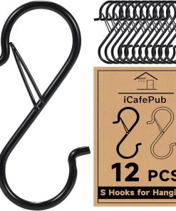 12 PCS S Hooks for Hanging with Safety Buckle. 3.5 inch Heavy Duty Metal S Shaped Hooks for Kitchen Utensil. Cups. Pots. Plants. Bags. Hats (Black)