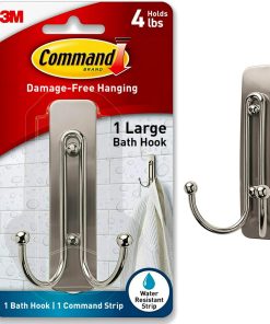 Command Large Double Bathroom Wall Hook. Damage-Free Hanging with Adhesive Strip. Great for Hanging Bath Towels. 1 Satin Nickel Wall Hook and 1 Water-Resistant Strip. Holds up to 4 lb